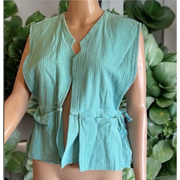 VTG 70s Pinot Noir Women’s Cotton Vest Sleeveless Open Front Emerald Green Boho - Picture 1 of 15